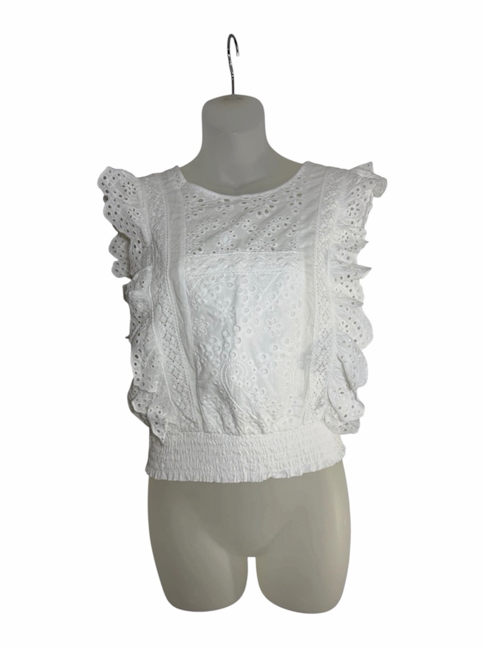 Inc White Eyelet Top PM Cottagecore Ruffle Sleeveless Smocked Blouse